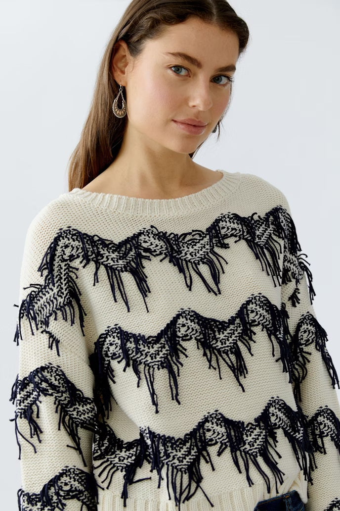 OUI Zigzag Fringe Pullover, White