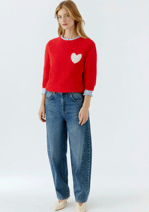 Oui Heart Alpaca Blend Short Sleeve Sweater, Red