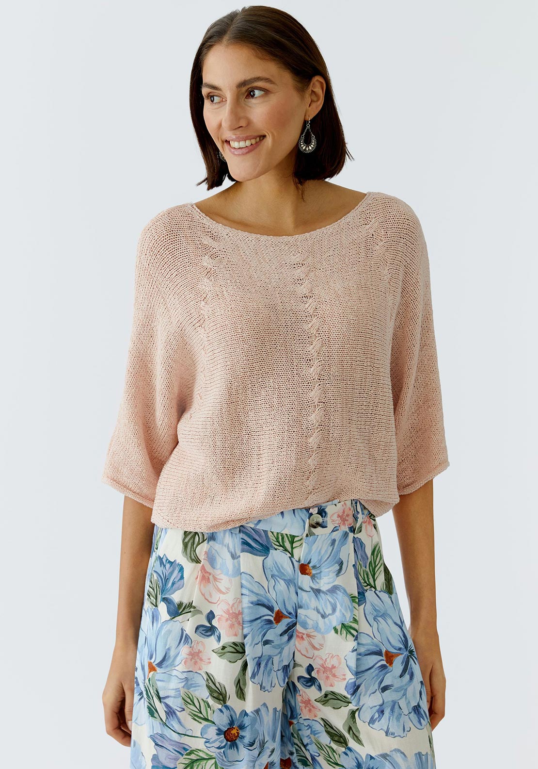 Oui Ribbon Yarn Cropped Sleeve Jumper, Peach Pink