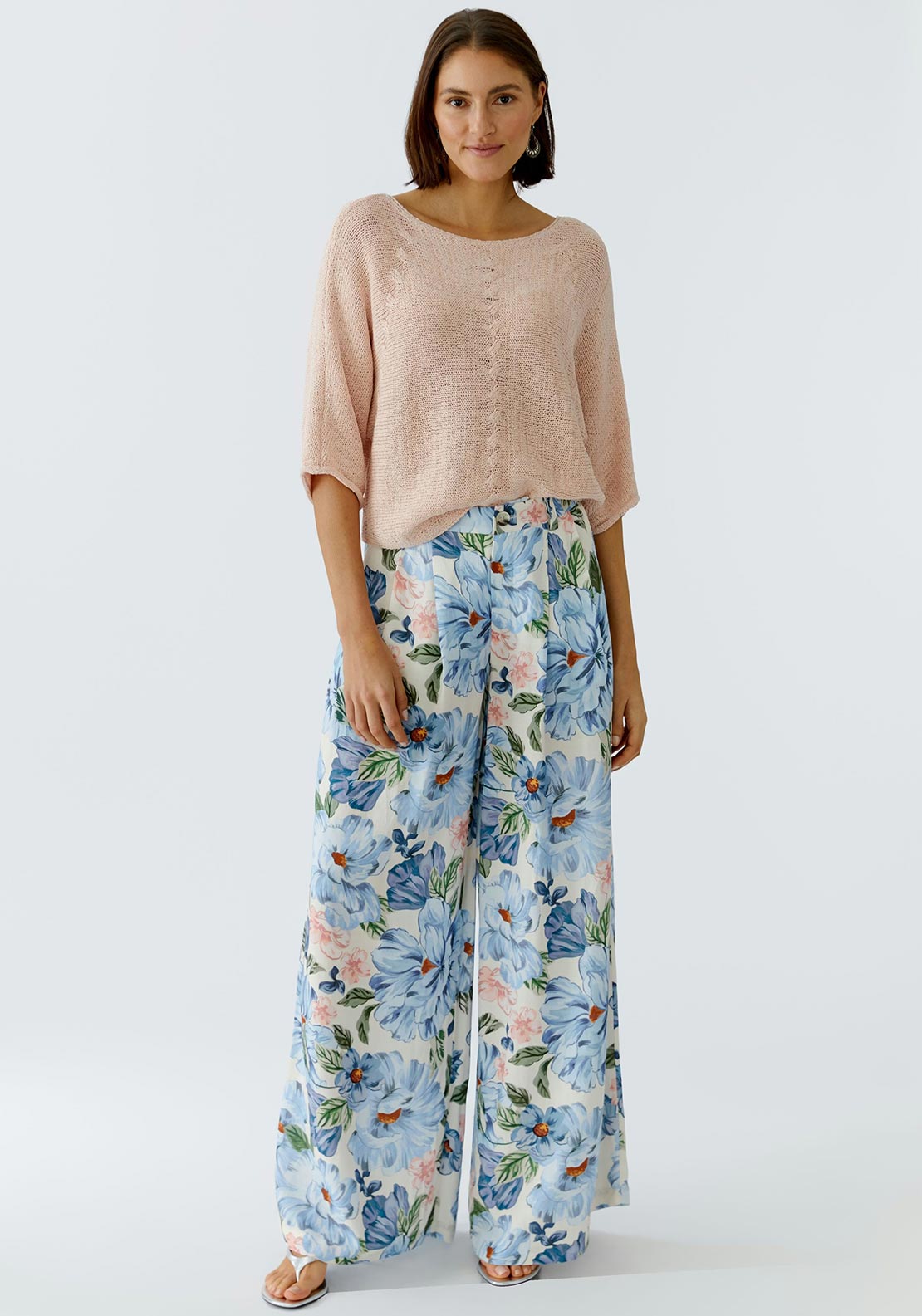 Oui Ribbon Yarn Cropped Sleeve Jumper, Peach Pink