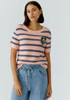 Oui Denim Brooch Striped Sweater, Pink