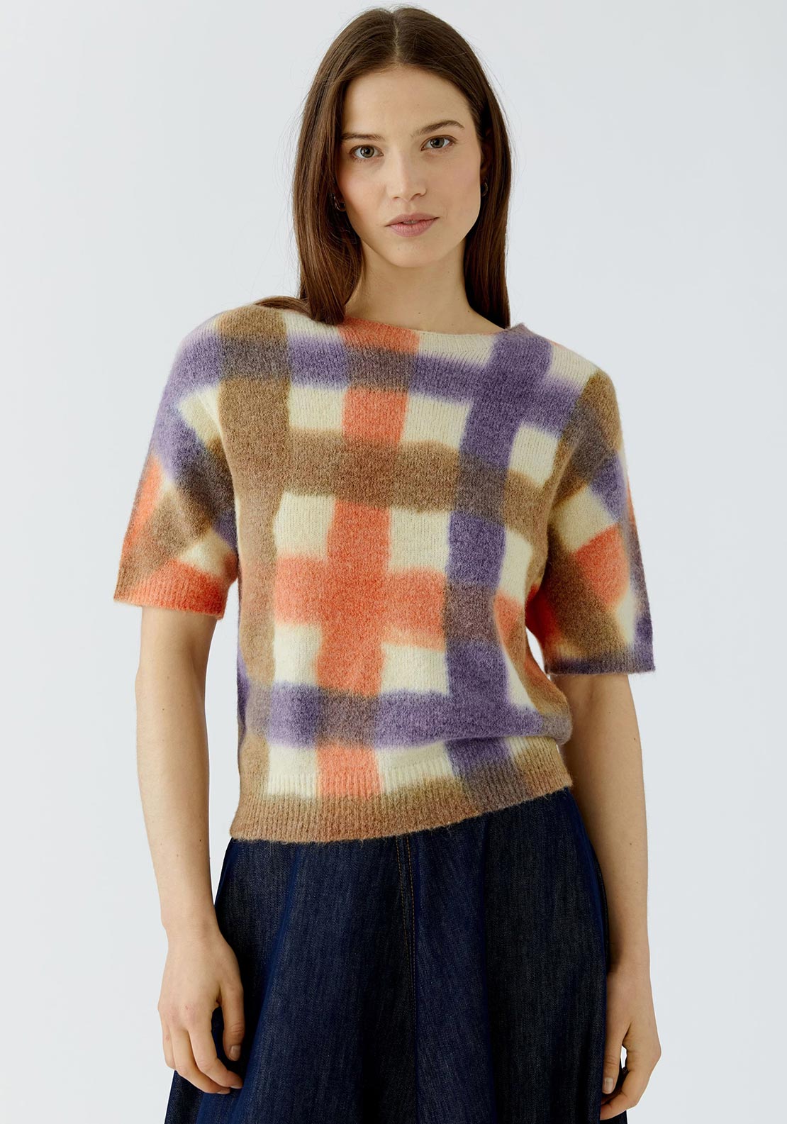 Oui Dip Dye Check Knit Short Sleeve Jumper, Multi
