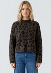 Oui Leopard Knit High Neck Jumper, Brown