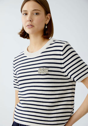 Oui Striped Embellished Short Sleeve Jumper, White and Navy