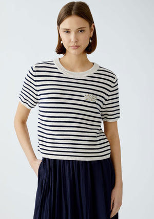 Oui Striped Embellished Short Sleeve Jumper, White and Navy