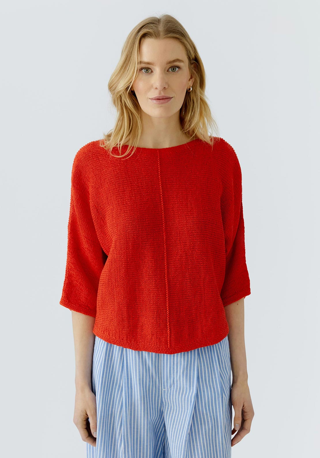 Oui Cotton-Blend Knitted Pullover, Red