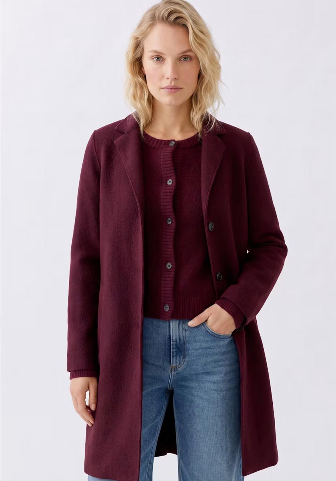Oui Mayson Longline Wool Coat, Wine