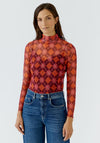 Oui Long Sleeve Diamond Sheer Mesh Top, Red