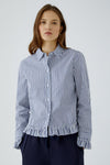 Oui Striped with Frilled Detail Shirt, Blue and White