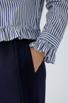 Oui Striped with Frilled Detail Shirt, Blue and White
