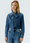 Oui Pussybow Denim Blouse, Blue