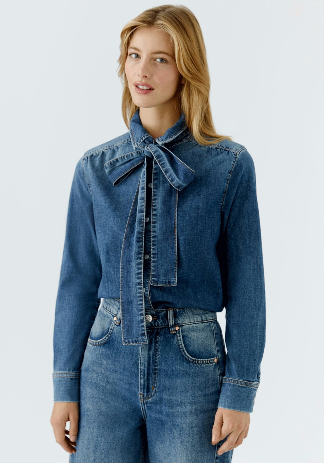 Oui Pussybow Denim Blouse, Blue