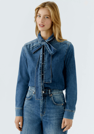 Oui Pussybow Denim Blouse, Blue