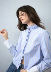 Oui Striped Ruffle Neck Shirt, Blue