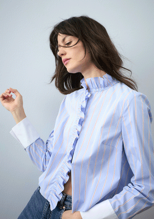 Oui Striped Ruffle Neck Shirt, Blue