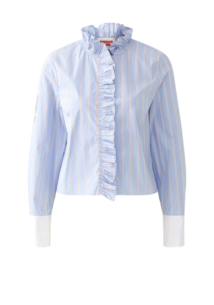 Oui Striped Ruffle Neck Shirt, Blue