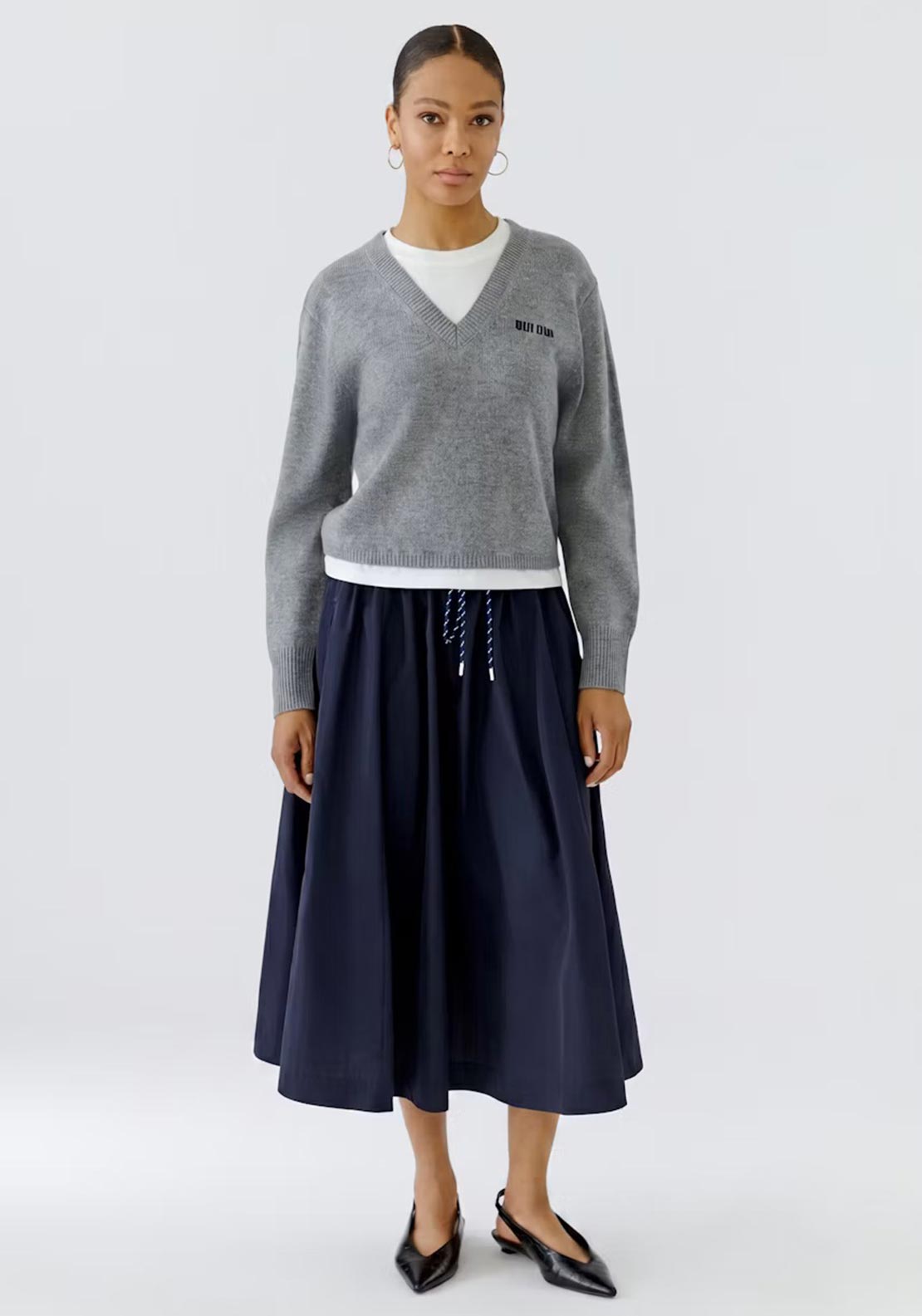 Oui Nylon A-Line Midi Skirt, Navy