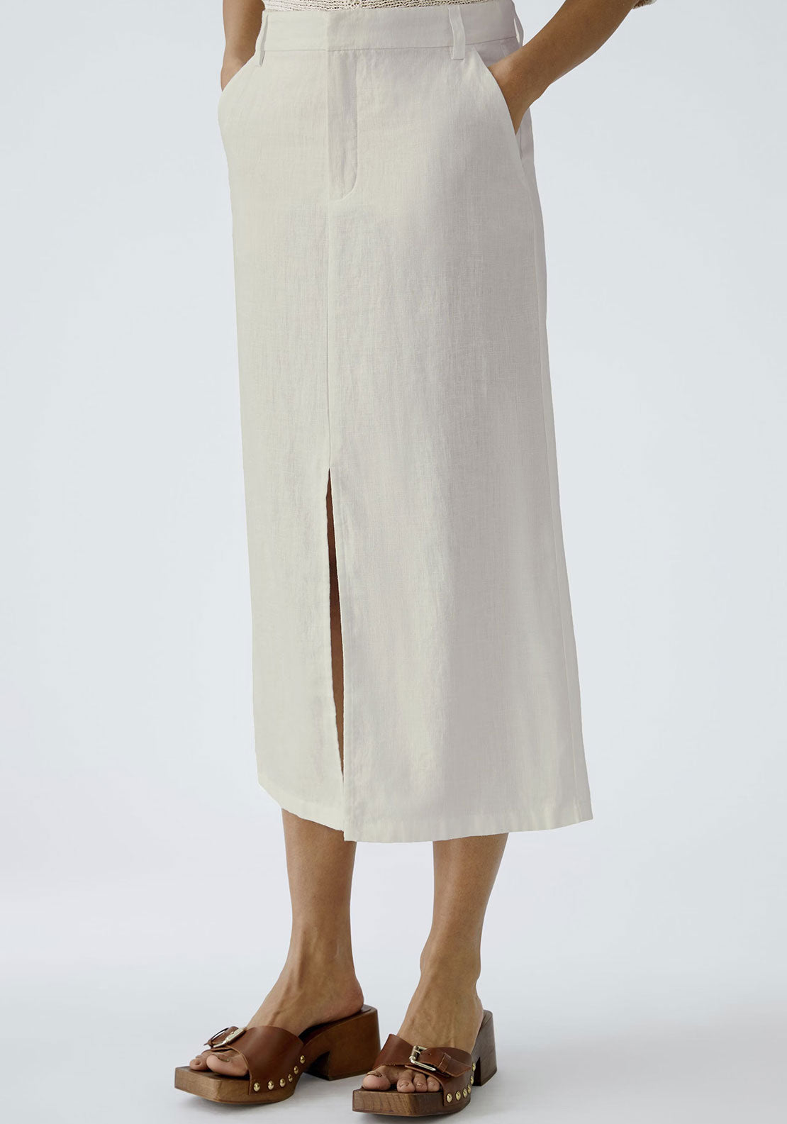 Oui Linen Front Slit Midi Skirt, Beige