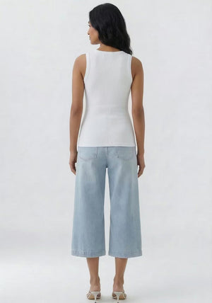 Oui Slogan in Rhinestone Detail Ribbed Tank Top, White