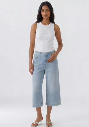 Oui Slogan in Rhinestone Detail Ribbed Tank Top, White