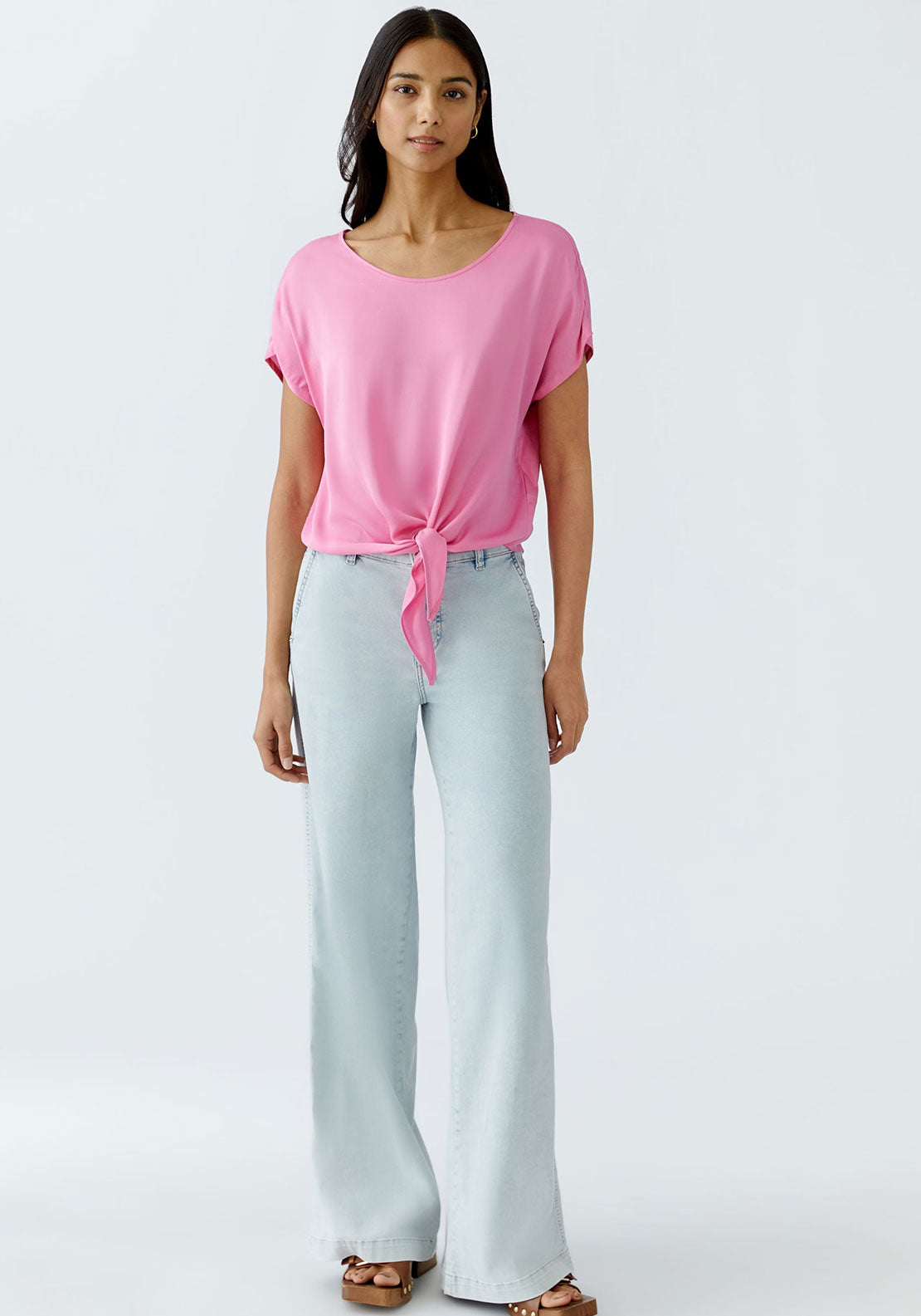 Oui Tie Trim Short Sleeve Top, Pink