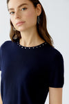OUI Rhinestone Round Neck T-Shirt, Navy