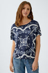 Oui Floral Print Drawstring Ruched Waist T-Shirt, Navy