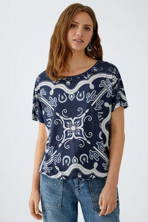 Oui Floral Print Drawstring Ruched Waist T-Shirt, Navy