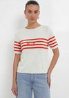 Oui Slogan with Stripe Detail Textured Top, White Multi