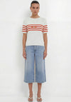 Oui Slogan with Stripe Detail Textured Top, White Multi