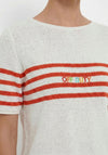 Oui Slogan with Stripe Detail Textured Top, White Multi