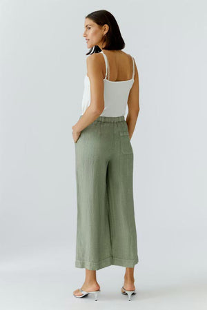 Oui Linen 7/8 Wide Leg Trousers, Green