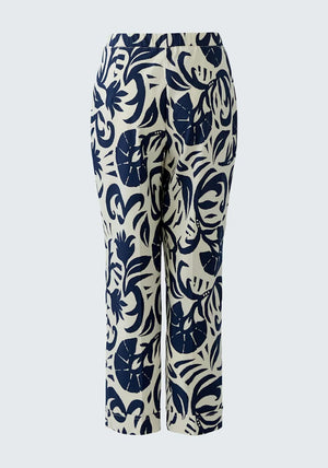 Oui Botanical Print Wide Leg Trousers, Cream and Navy