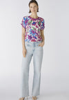 Oui Vibrant Floral Contrast Jersey Back Top, Violet Green