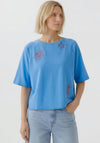 Oui Summer Print with Contrasting Embroidery T-Shirt, Blue
