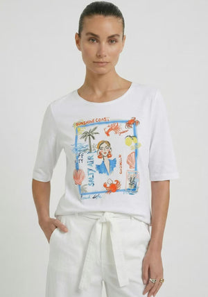 Oui Beach Print Graphic T-Shirt, White Multi