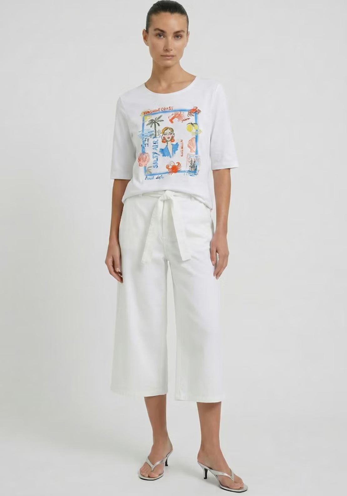 Oui Beach Print Graphic T-Shirt, White Multi