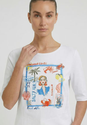 Oui Beach Print Graphic T-Shirt, White Multi