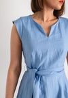 Oui Linen Cotton Fit and Flare Midi Dress, Light Blue