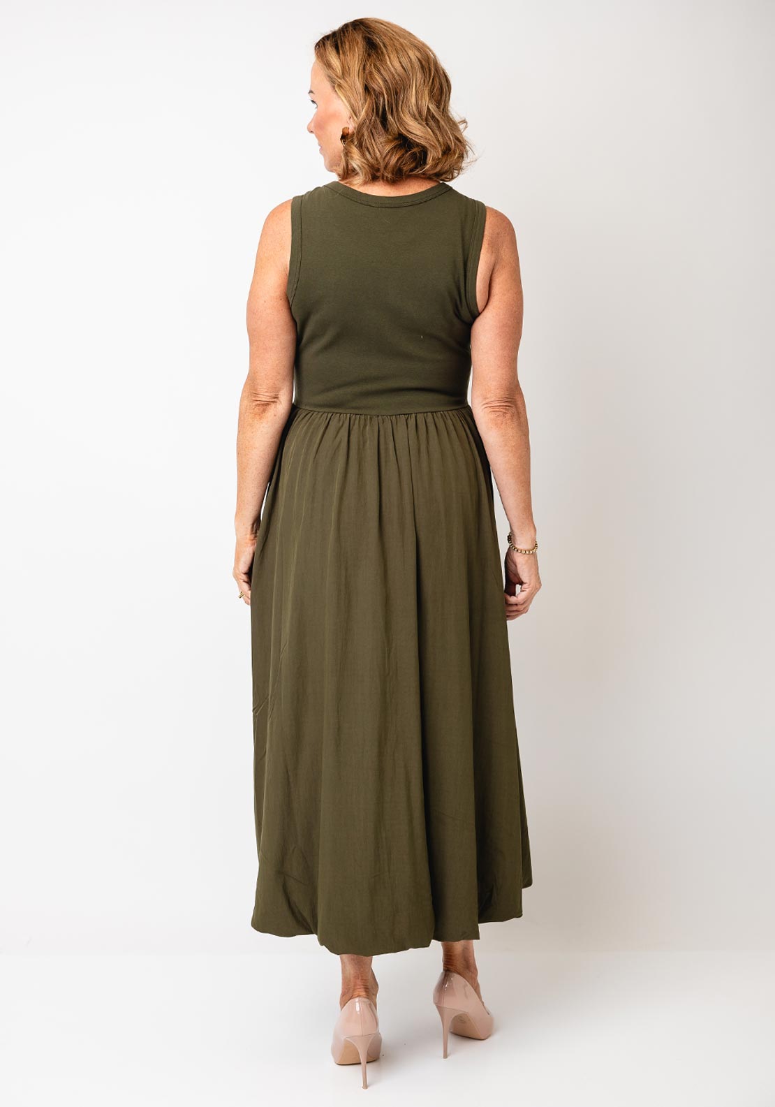 Oui Gathered Skirt Bubble Hem Maxi Dress, Green