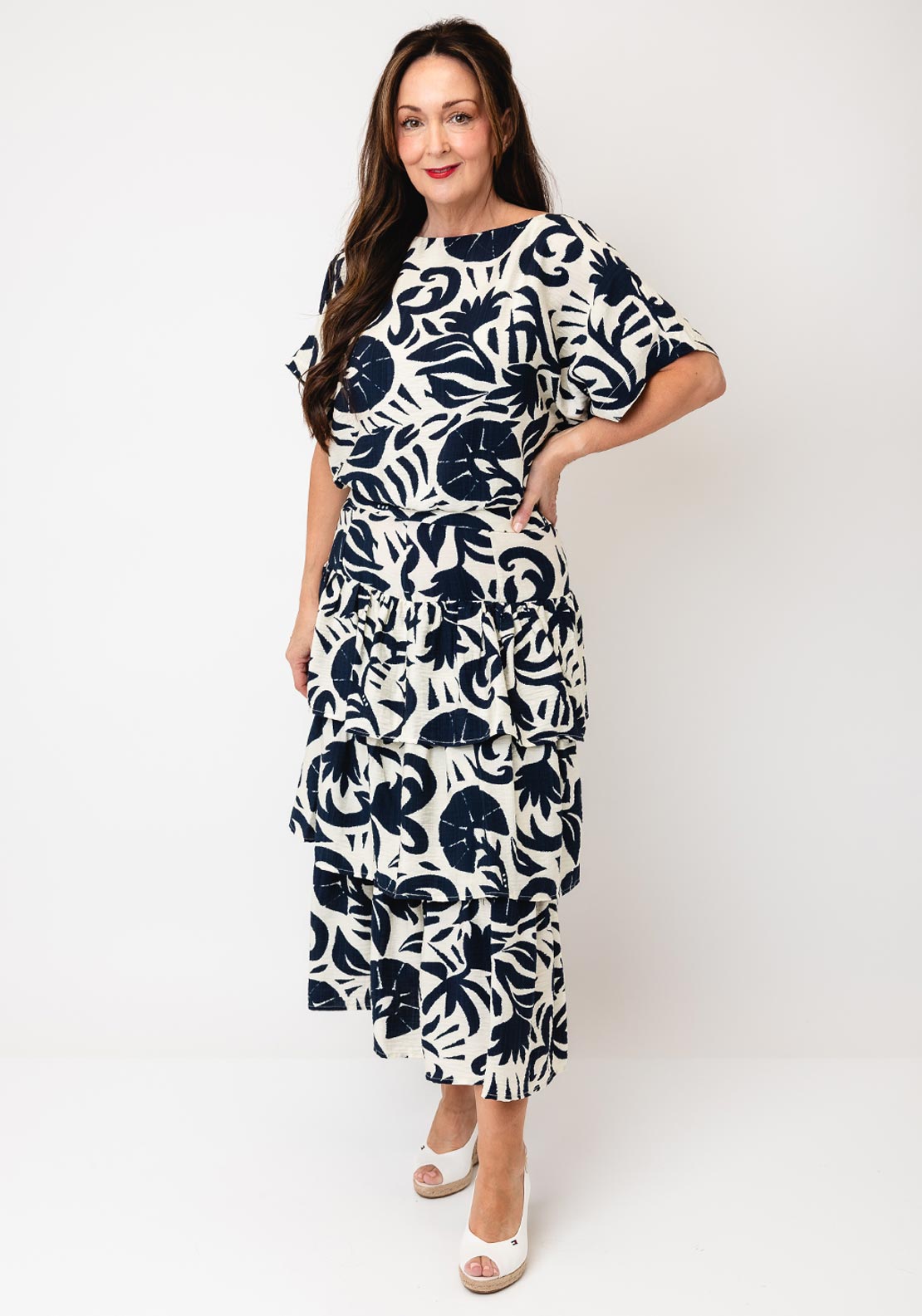 Oui Botanical Print Layered Midi Skirt, Navy