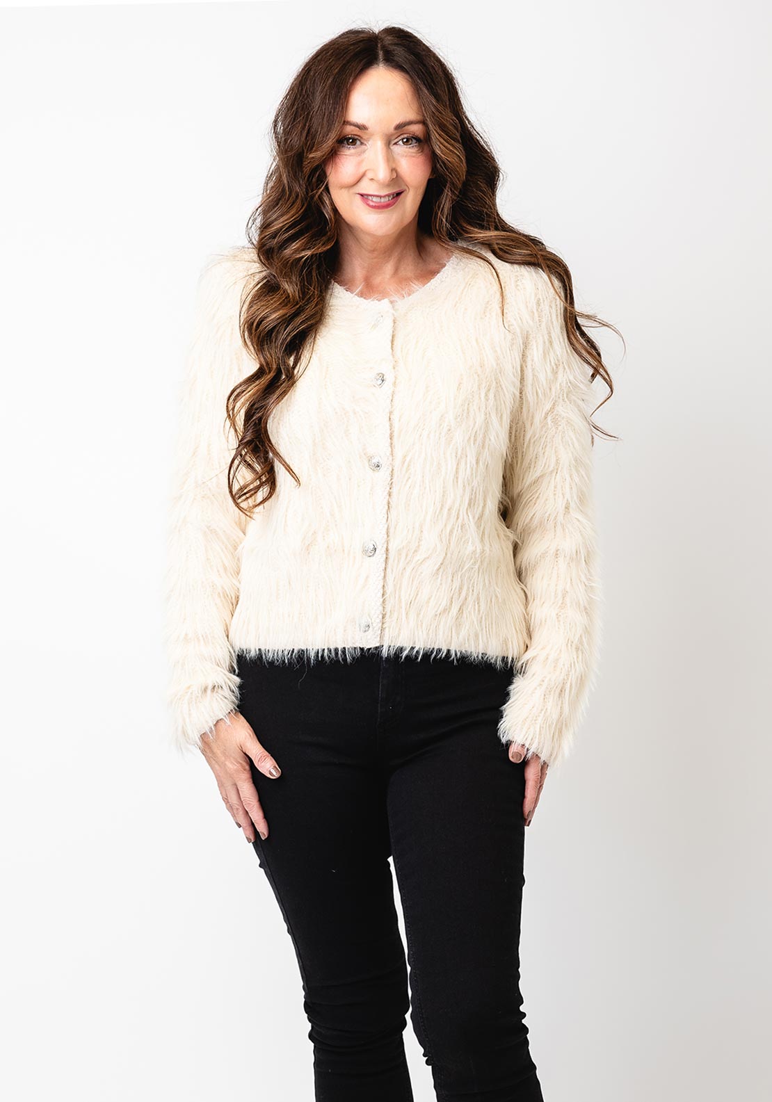 Oui Faux Fur Knit Cardigan, Cream