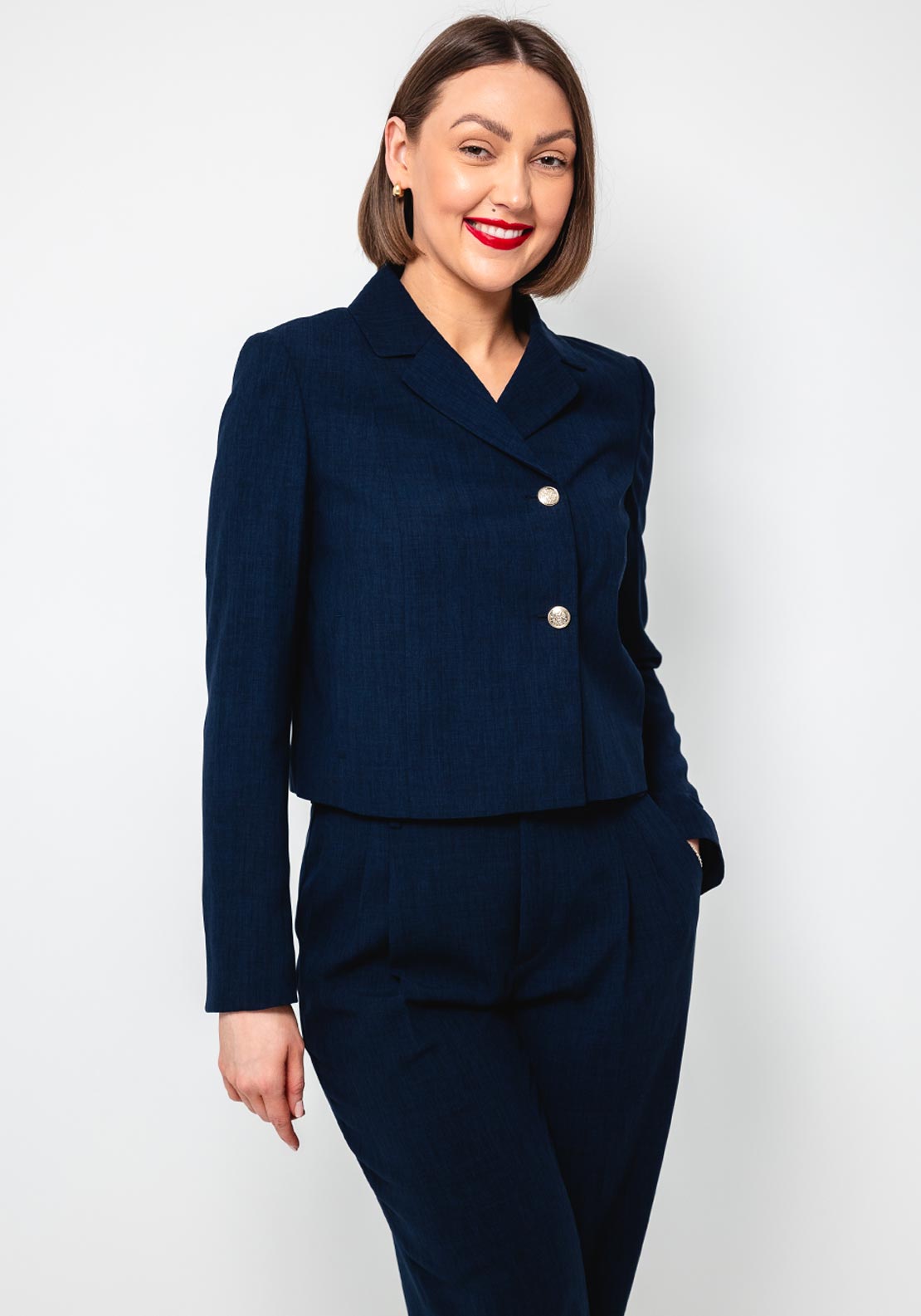 Oui Single Breasted Short Blazer, Navy