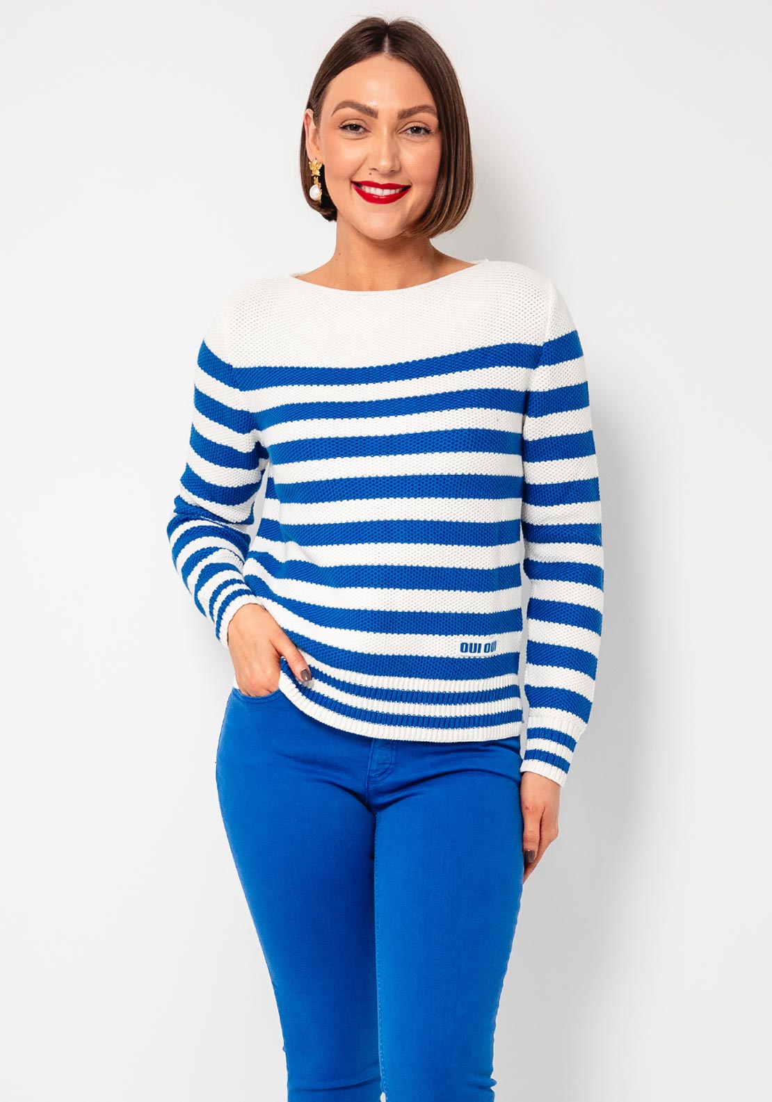 Oui Striped Knit Jumper, Blue and White