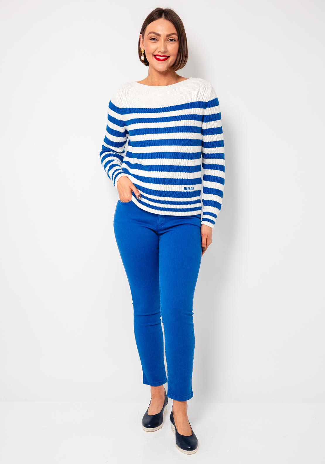 Oui Striped Knit Jumper, Blue and White
