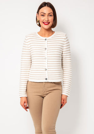 Oui Striped Buttoned Knit Cardigan, Beige and Cream