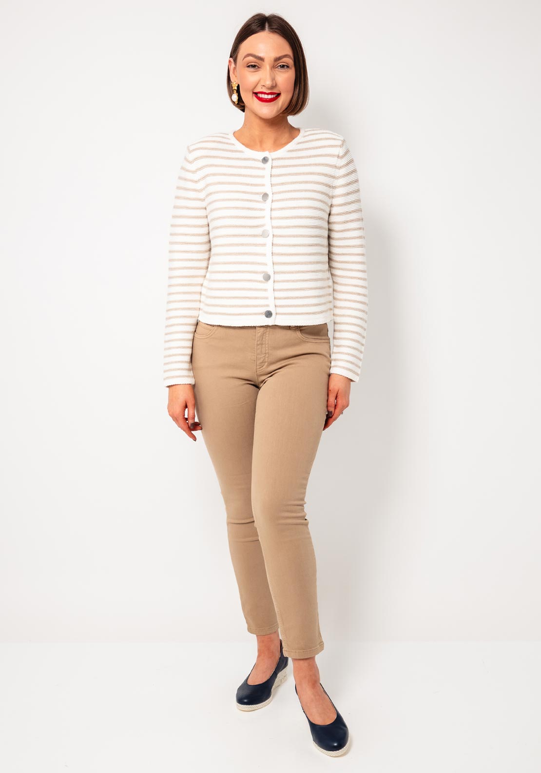 Oui Striped Buttoned Knit Cardigan, Beige and Cream