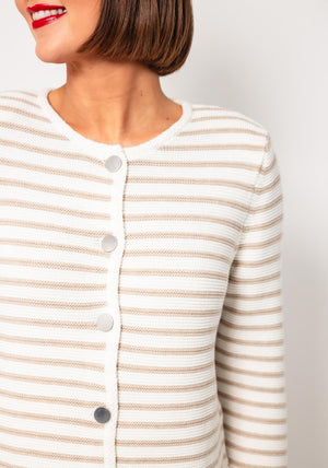 Oui Striped Buttoned Knit Cardigan, Beige and Cream