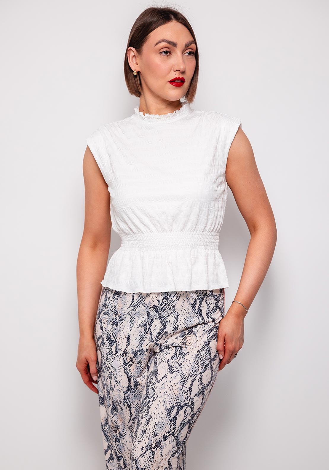 Oui High Neck Shirred Waist Top, White