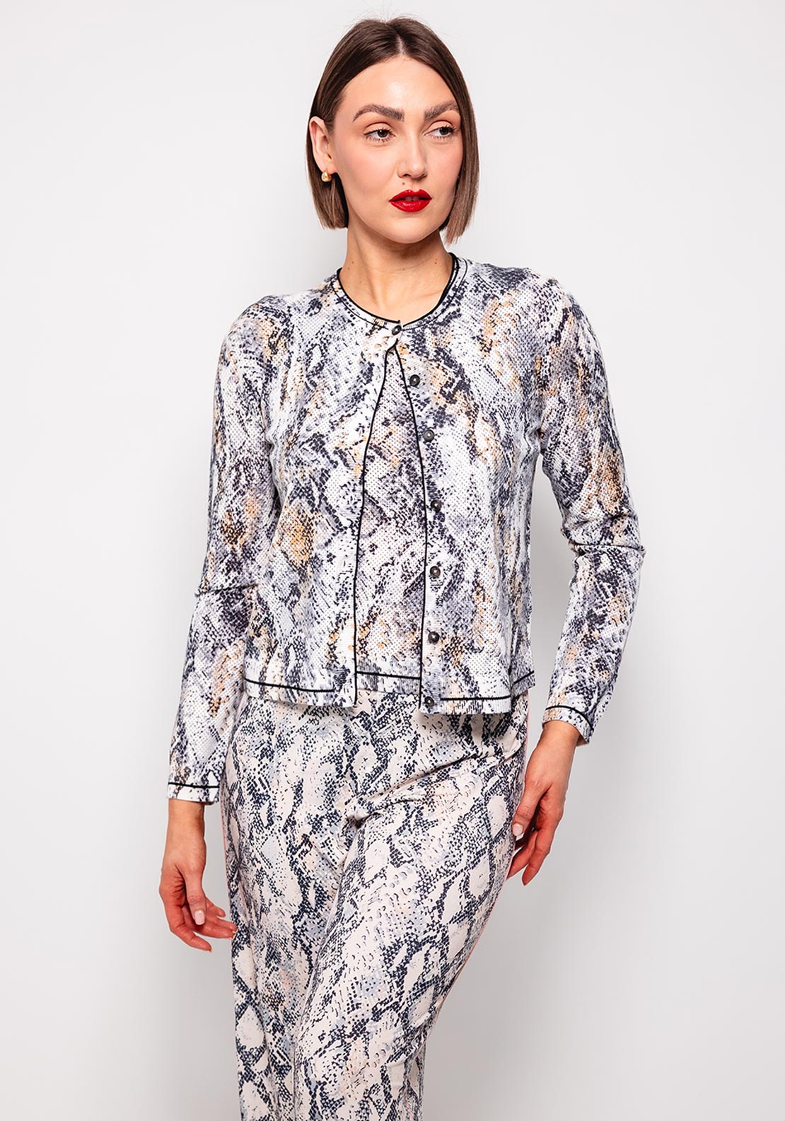 Oui Snake Skin Wide Knit Cardigan, Grey